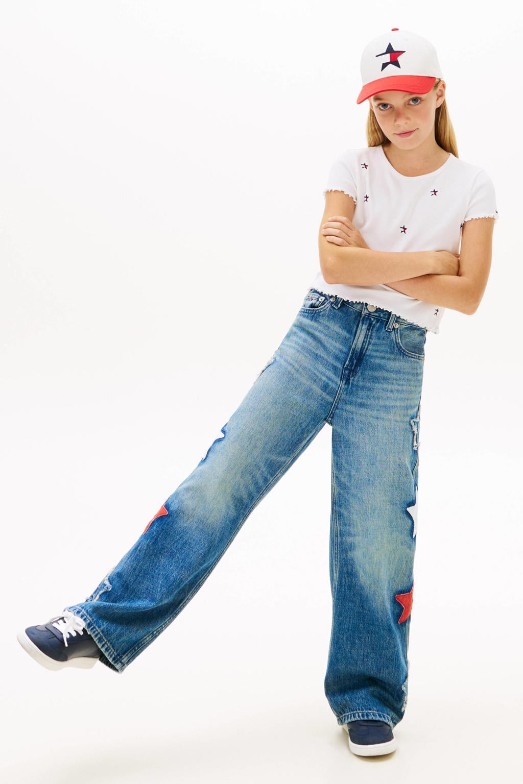 Witte meisjes Tommy Hilfiger T-shirt van stretchkatoen met korte mouwen, ronde hals en golvende afwerking