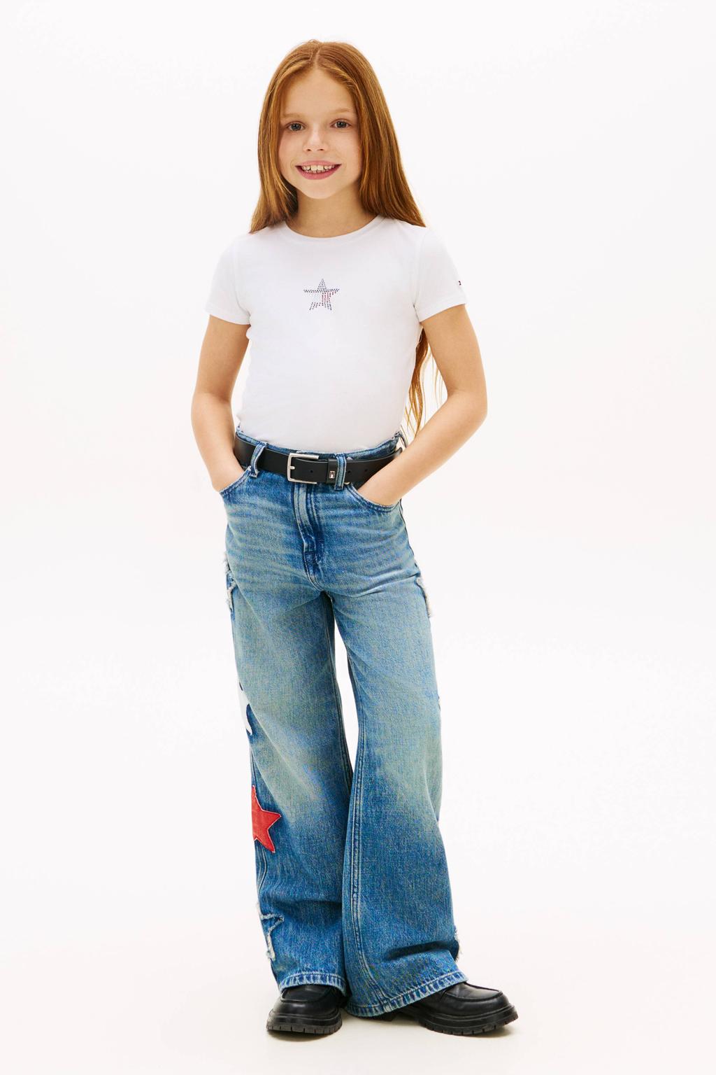 Witte meisjes Tommy Hilfiger T-shirt van stretchkatoen met printopdruk, korte mouwen, ronde hals en strass steentjes