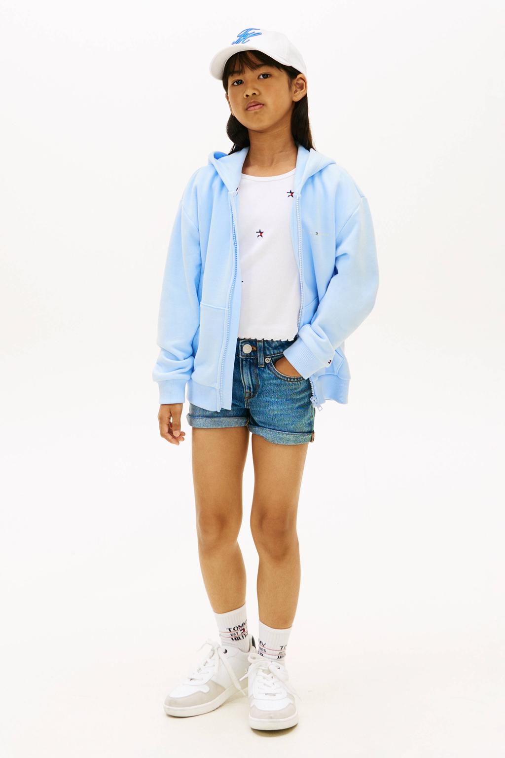 Medium blue denim meisjes Tommy Hilfiger skinny short van denim met rits- en knoopsluiting en effen