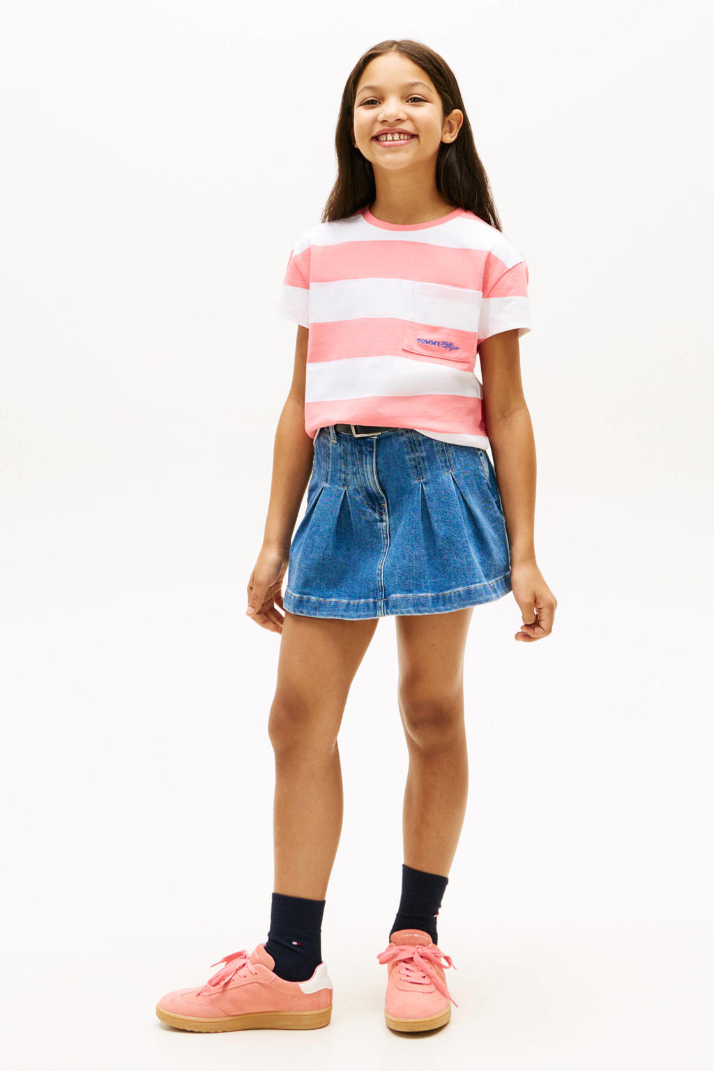 Roze meisjes Tommy Hilfiger gestreepte T-shirt van katoen met korte mouwen en ronde hals