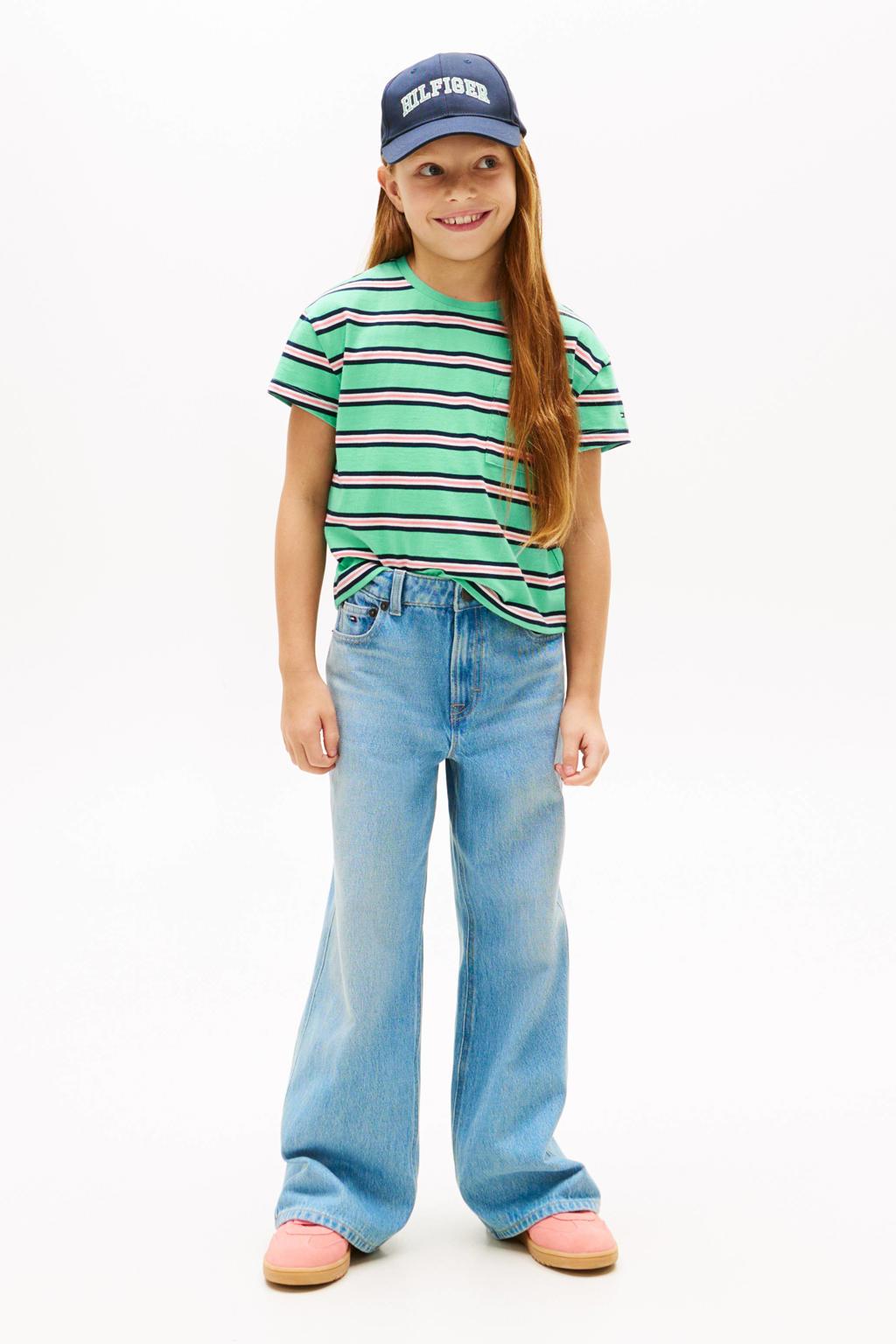 Groene meisjes Tommy Hilfiger gestreepte T-shirt van katoen met korte mouwen en ronde hals