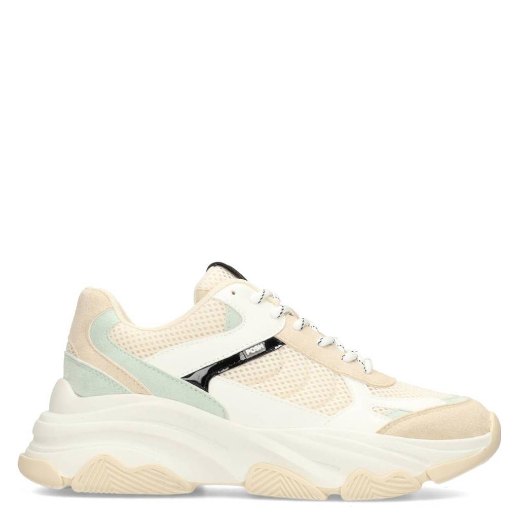 Beige en lichtgroene dames POSH by Poelman Gigi chunky sneakers van imitatieleer en textiel met veters