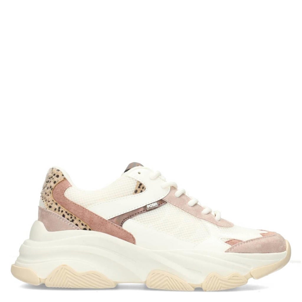 Wit en roze dames POSH by Poelman Gigi chunky sneakers van imitatieleer en textiel met veters