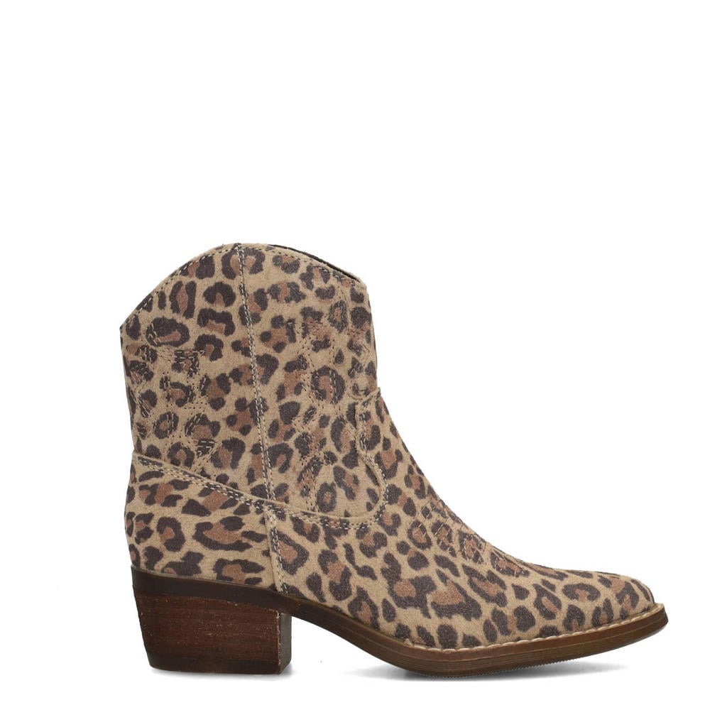 Bruine meisjes Poelman cowboylaarzen van imitatieleer met rits- en klittenbandsluiting en panterprint