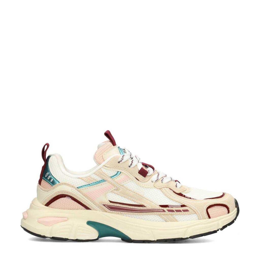 Wit, beige en bordeaux dames POSH by Poelman Harper chunky sneakers van textiel en imitatieleer met veters