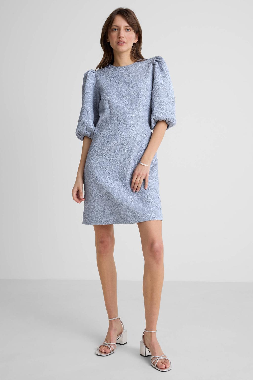 Lichtblauwe dames Anytime jacquard mini jurk van polyester met effen, half lange mouwen en ronde hals