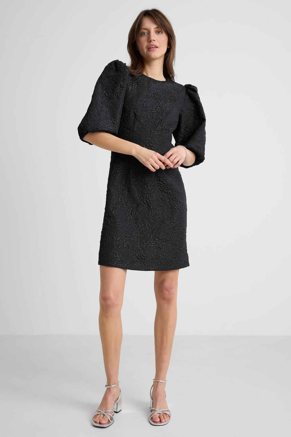 Donkerblauwe dames Anytime jacquard mini jurk van polyester met effen, half lange mouwen en ronde hals