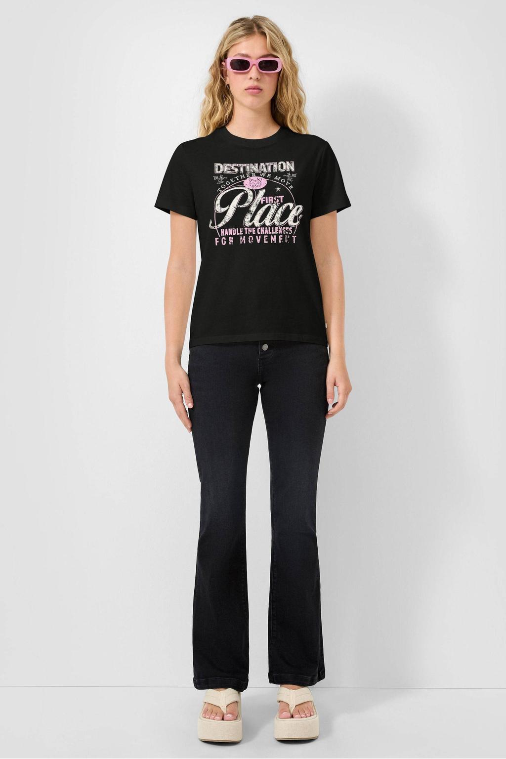 Zwarte dames QS T-shirt van katoen met printopdruk, korte mouwen en ronde hals