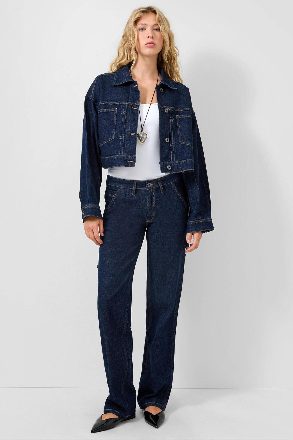 Dark blue denim dames QS spijkerjas dark blue van katoen met effen, lange mouwen, klassieke kraag en contrast stiksels