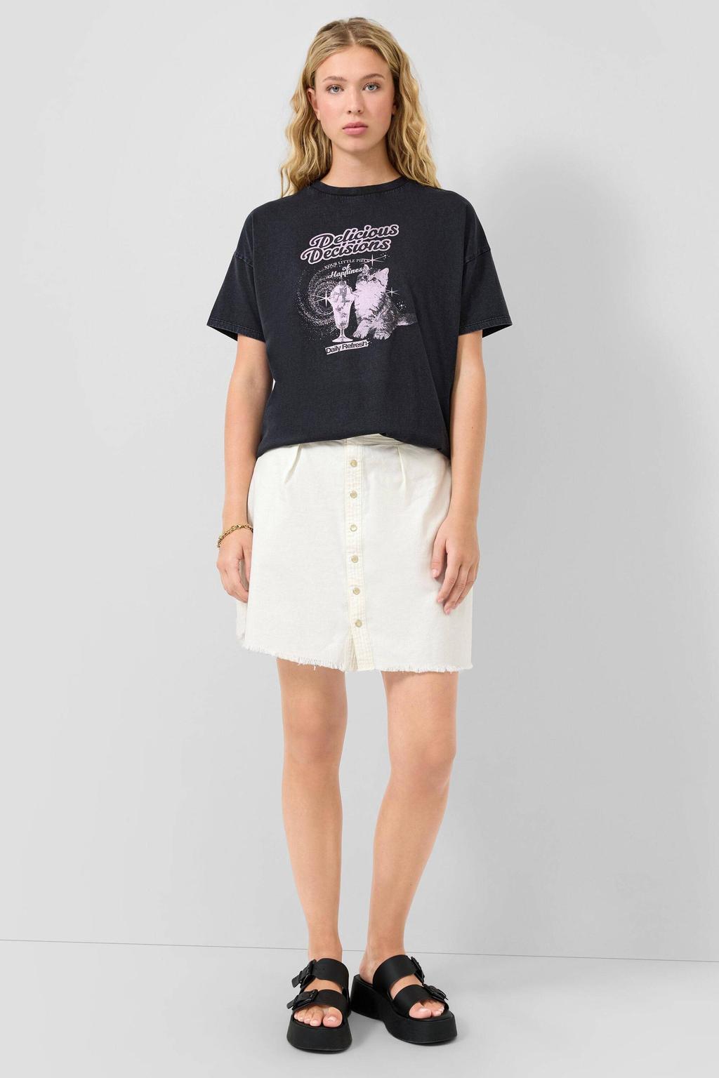 Zwarte dames QS T-shirt van katoen met printopdruk, korte mouwen en ronde hals