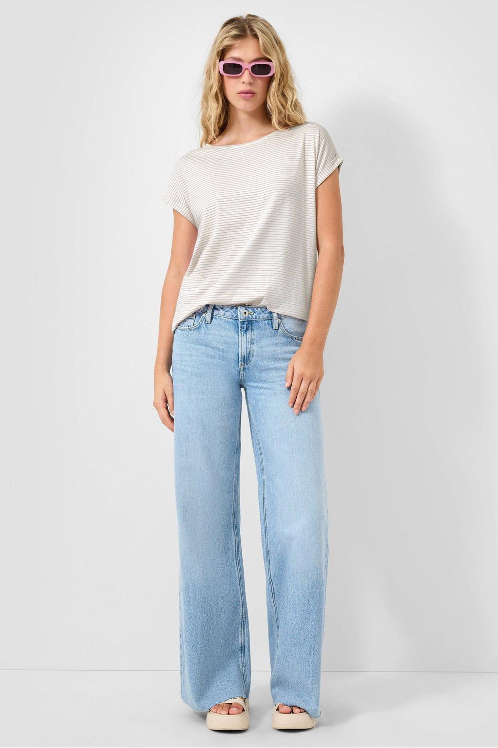 Grijze dames QS gestreepte T-shirt van modal met korte mouwen, ronde hals en omslagdetail