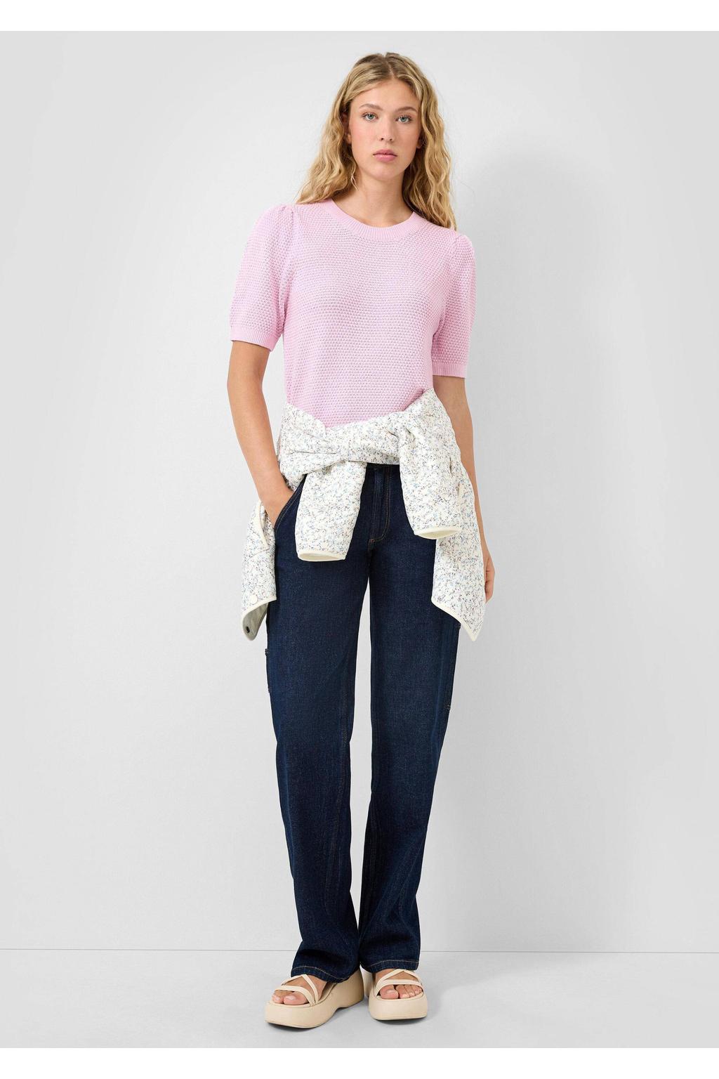 Roze dames QS top fijngebreid van acryl met effen, korte mouwen en ronde hals