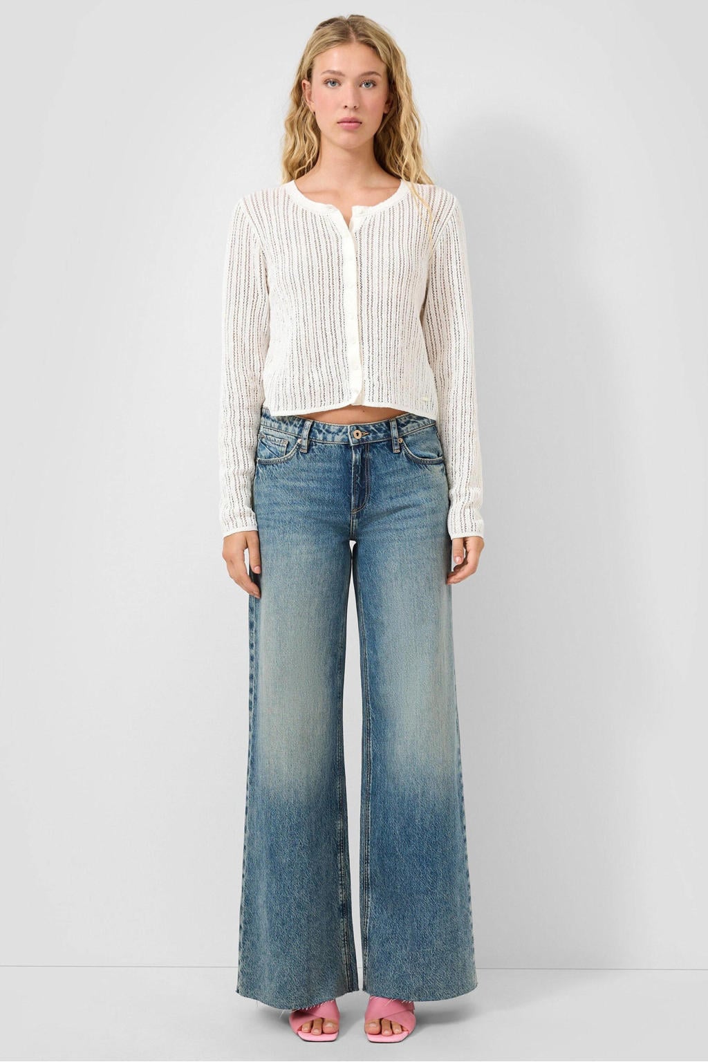 Medium blue denim dames QS wide leg jeans van denim met rits- en knoopsluiting en effen