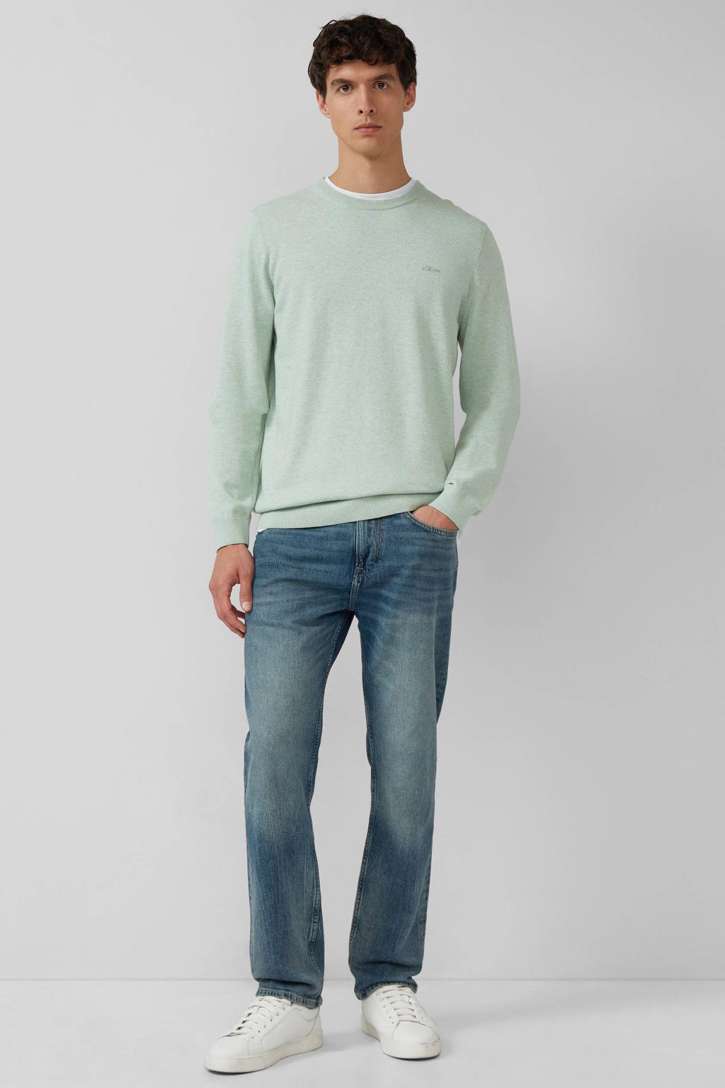 Lichtgroene heren s.Oliver pullover fijn gebreid van katoen met effen, lange mouwen en ronde hals