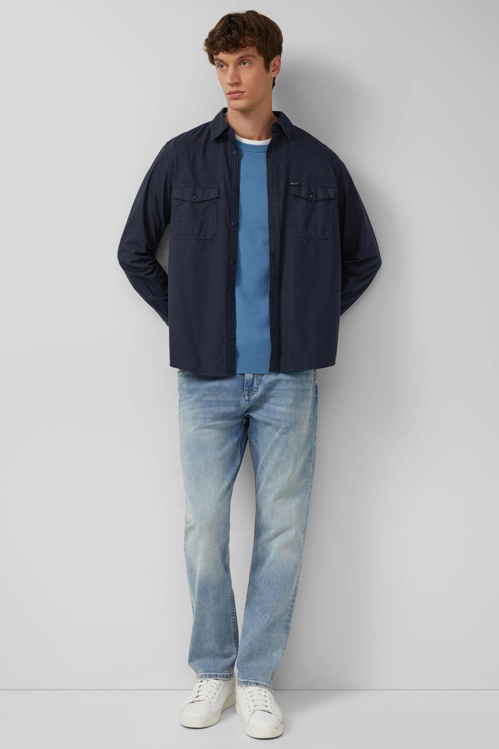 Blauwe heren s.Oliver pullover fijn gebreid van katoen met effen, lange mouwen en ronde hals