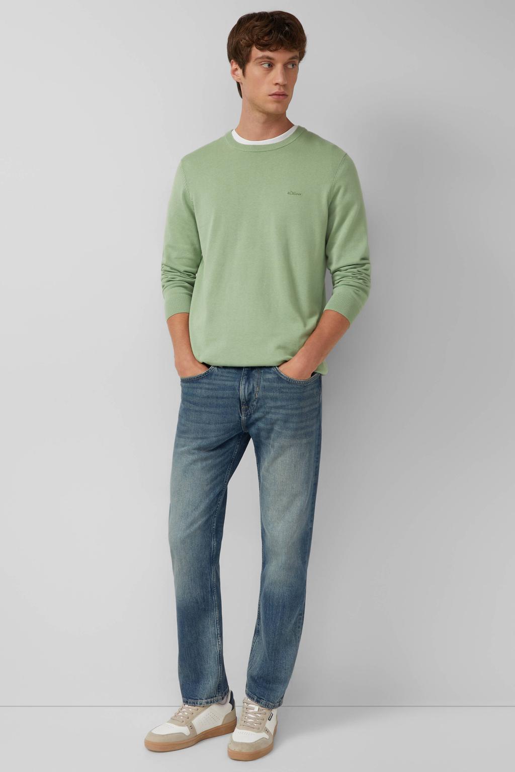 Lichtkaki heren s.Oliver pullover fijn gebreid van katoen met effen, lange mouwen en ronde hals