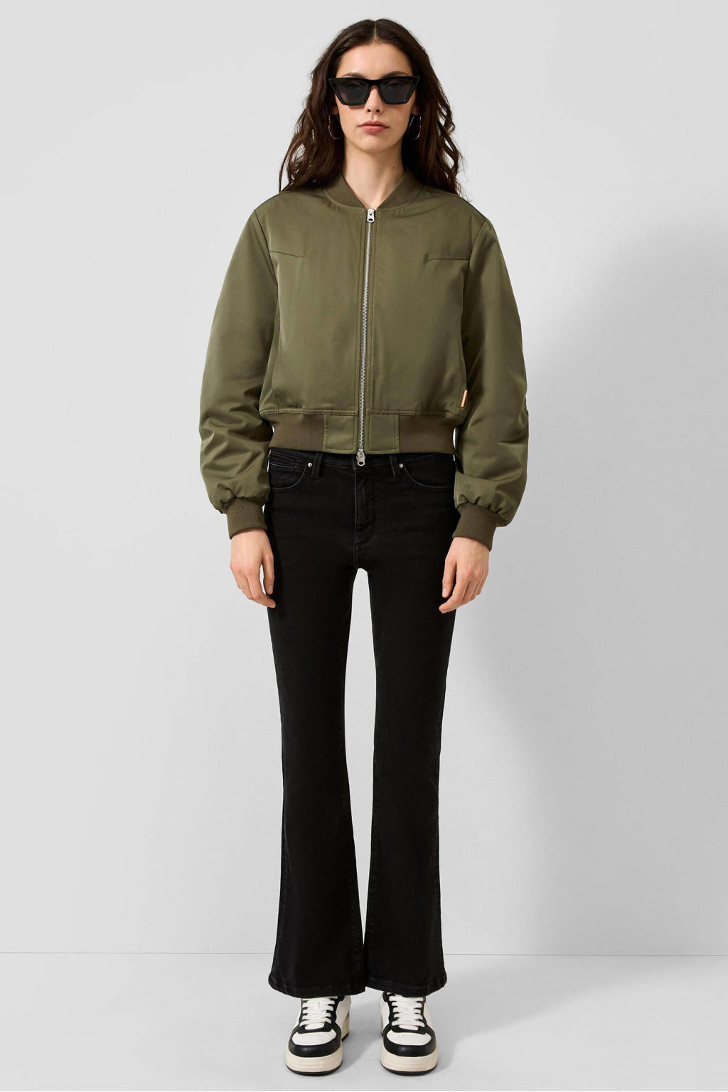 Donkergroene dames QS bomberjack van polyester met effen, lange mouwen, ronde hals, ritssluiting en elastische boord