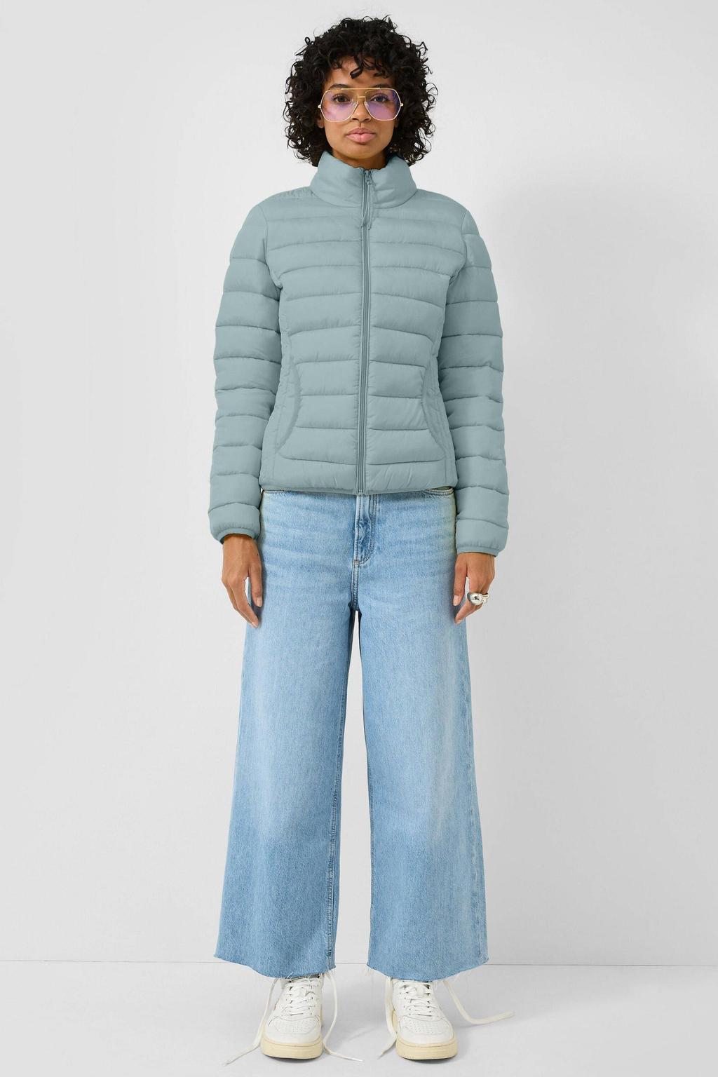 Grijsblauwe dames QS licht gewatteerde jas blauw van polyester met effen, lange mouwen, opstaande kraag en doorgestikte details
