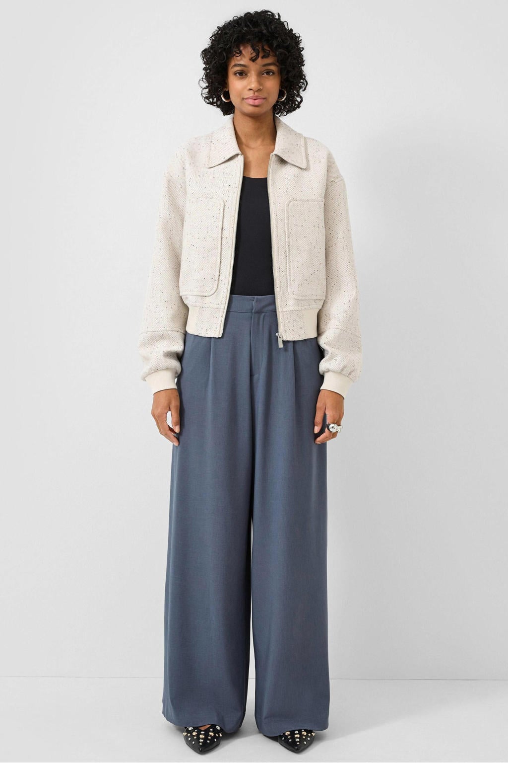 Ecru dames QS wollen baseball jacket met lange mouwen, klassieke kraag, ritssluiting en textuur