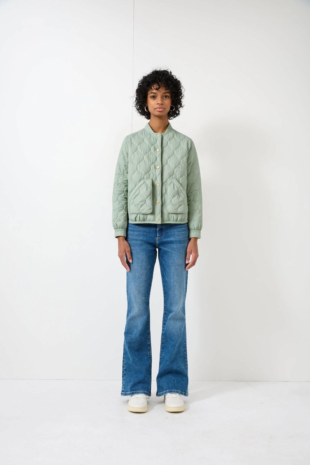 Lichtgroene dames QS bomberjack van polyester met effen, lange mouwen en opstaande kraag