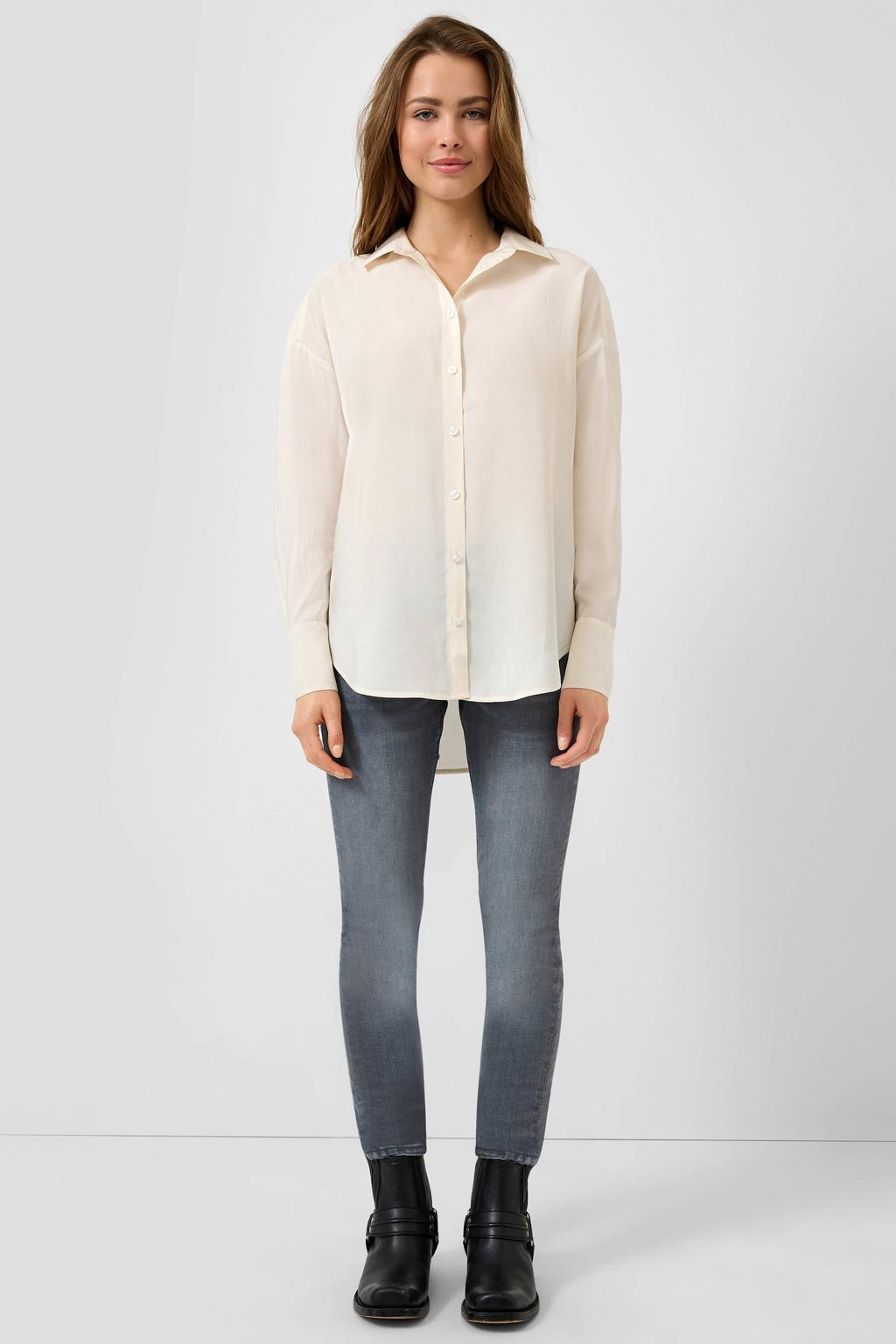 Witte dames QS blouse van modal met effen, lange mouwen, klassieke kraag en knoopsluiting