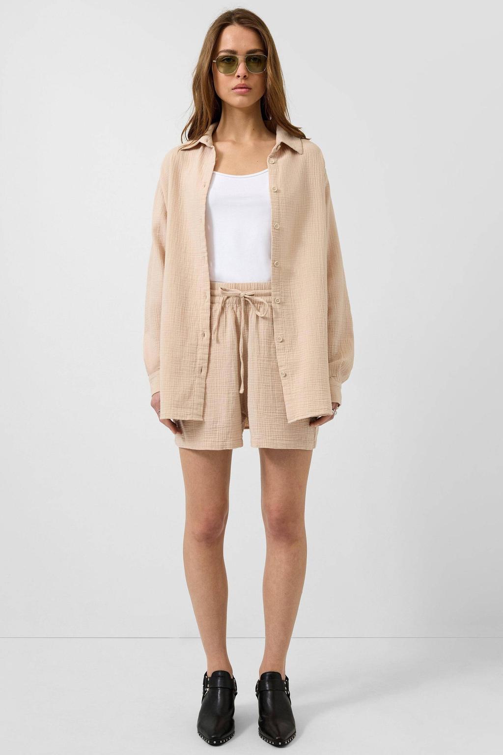Beige dames QS blouse van katoen met effen, lange mouwen, klassieke kraag, knoopsluiting en textuur