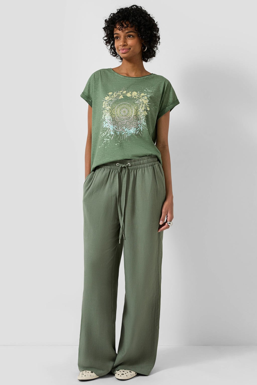 Donkergroene dames QS T-shirt van katoen met printopdruk, korte mouwen en ronde hals
