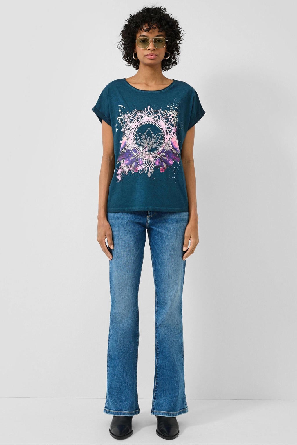 Donkerblauwe dames QS T-shirt van katoen met printopdruk, korte mouwen en ronde hals