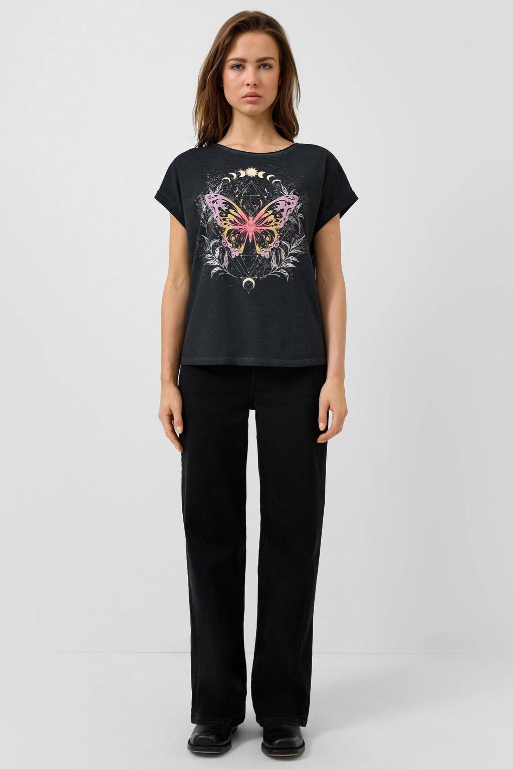 Zwarte dames QS T-shirt van katoen met dierenprint, korte mouwen en ronde hals