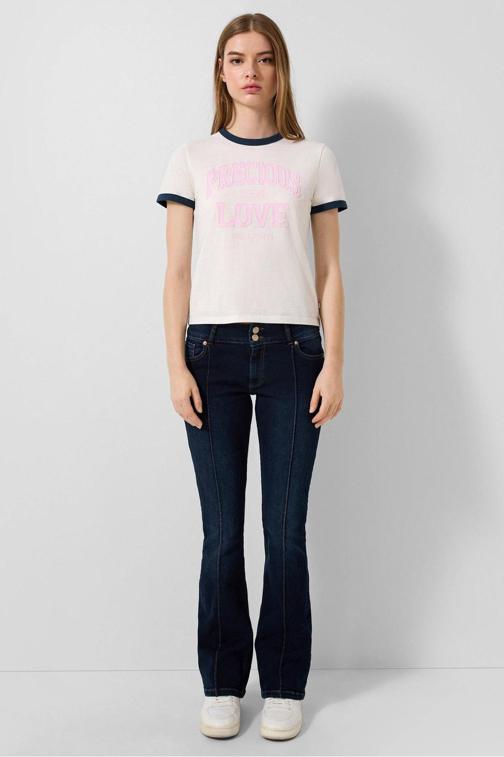 Ecru dames QS T-shirt van katoen met tekst print, korte mouwen en ronde hals