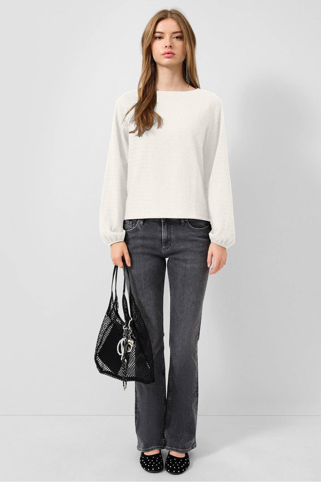 Witte dames QS top van polyester met effen, lange mouwen en ronde hals