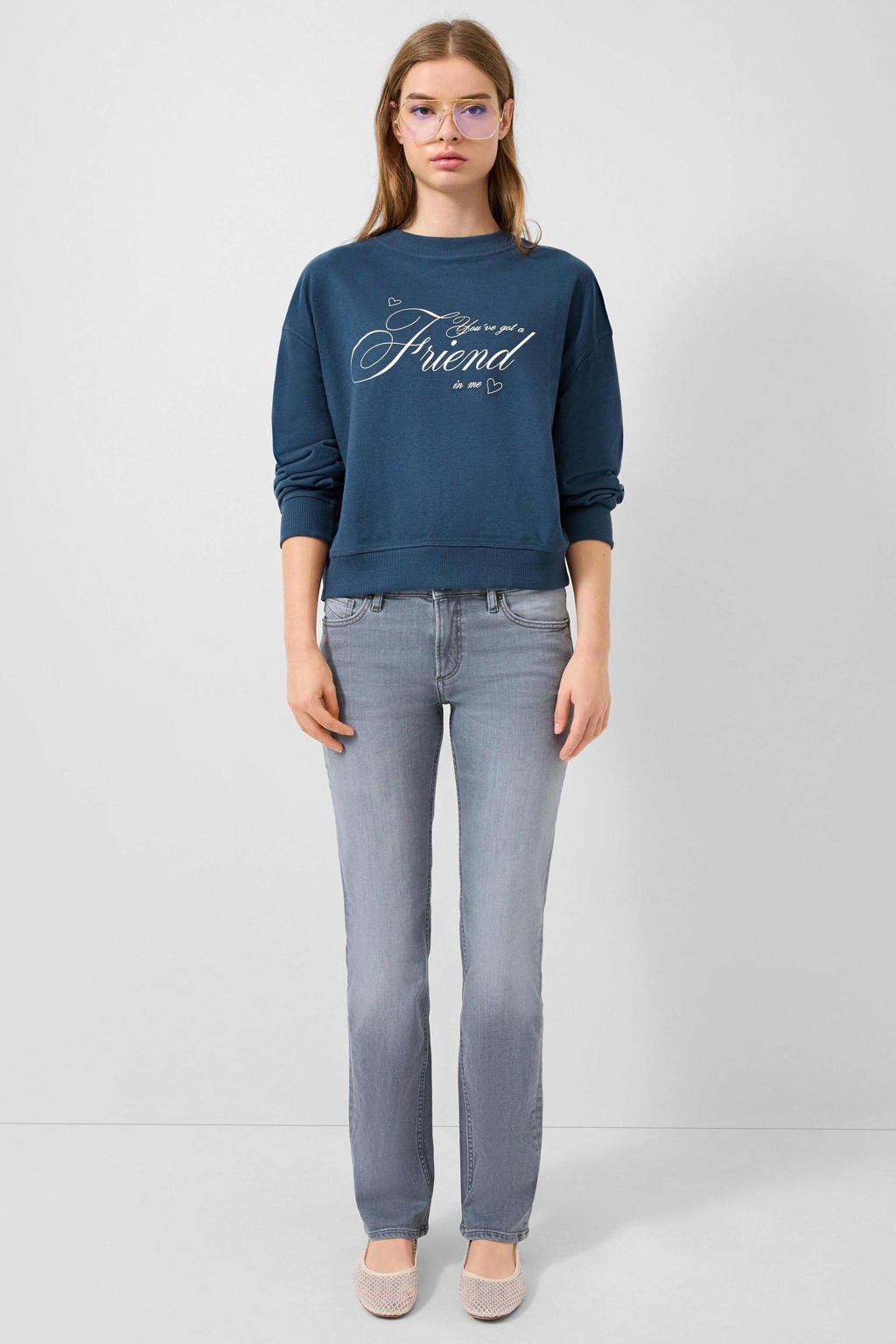 Donkerblauwe dames QS sweater van katoen met tekst print, lange mouwen en ronde hals