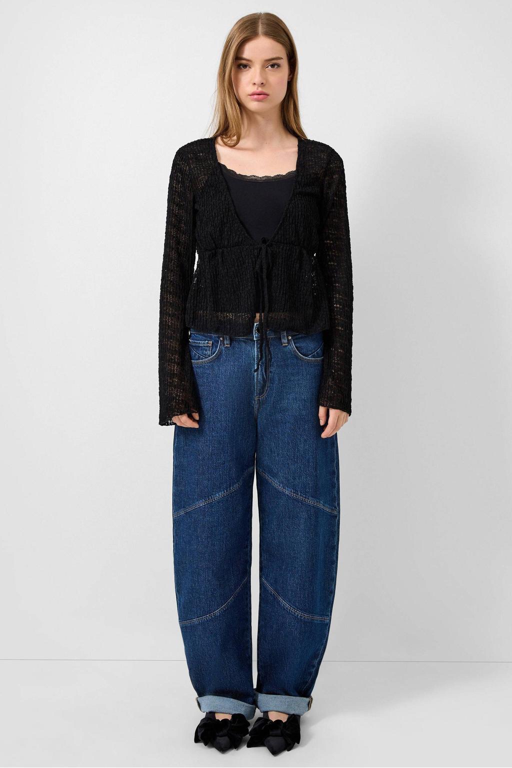 Zwarte dames QS bolero van polyester met effen, lange mouwen, V-hals en striksluiting