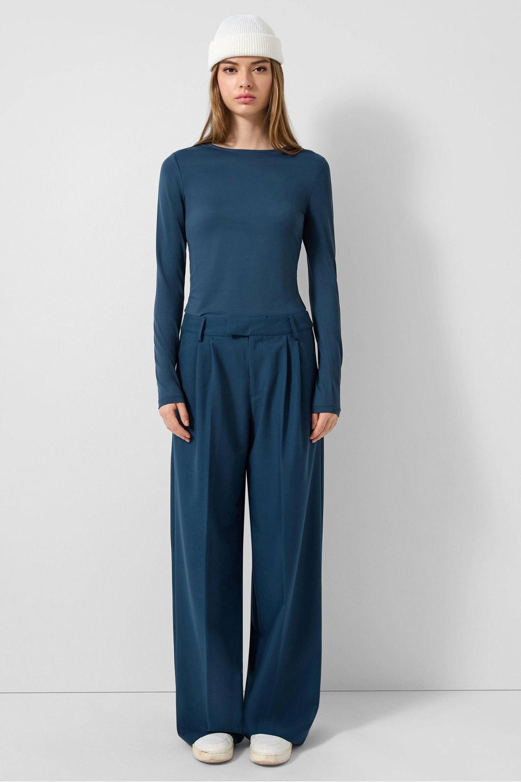 Donkerblauwe dames QS straight high waist pantalon van polyester met rits, haak- en knoopsluiting en effen