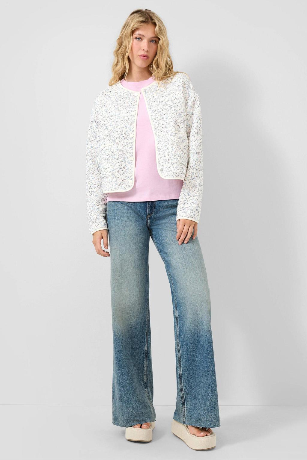 Ecru dames QS jack quilted van polyester met bloemenprint, lange mouwen, mao kraag en doorgestikte details