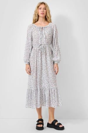 luchtige midi jurk met ballonmouwen en bloemenprint ecru