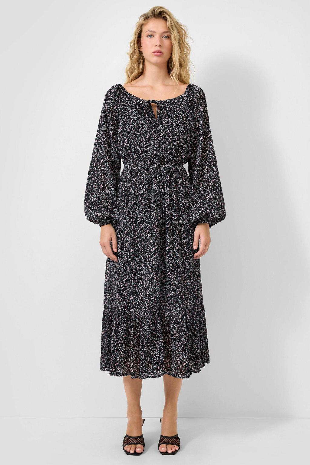 Zwart en roze dames QS midi jurk van polyester met bloemenprint, lange mouwen, ronde hals, striksluiting en plooien