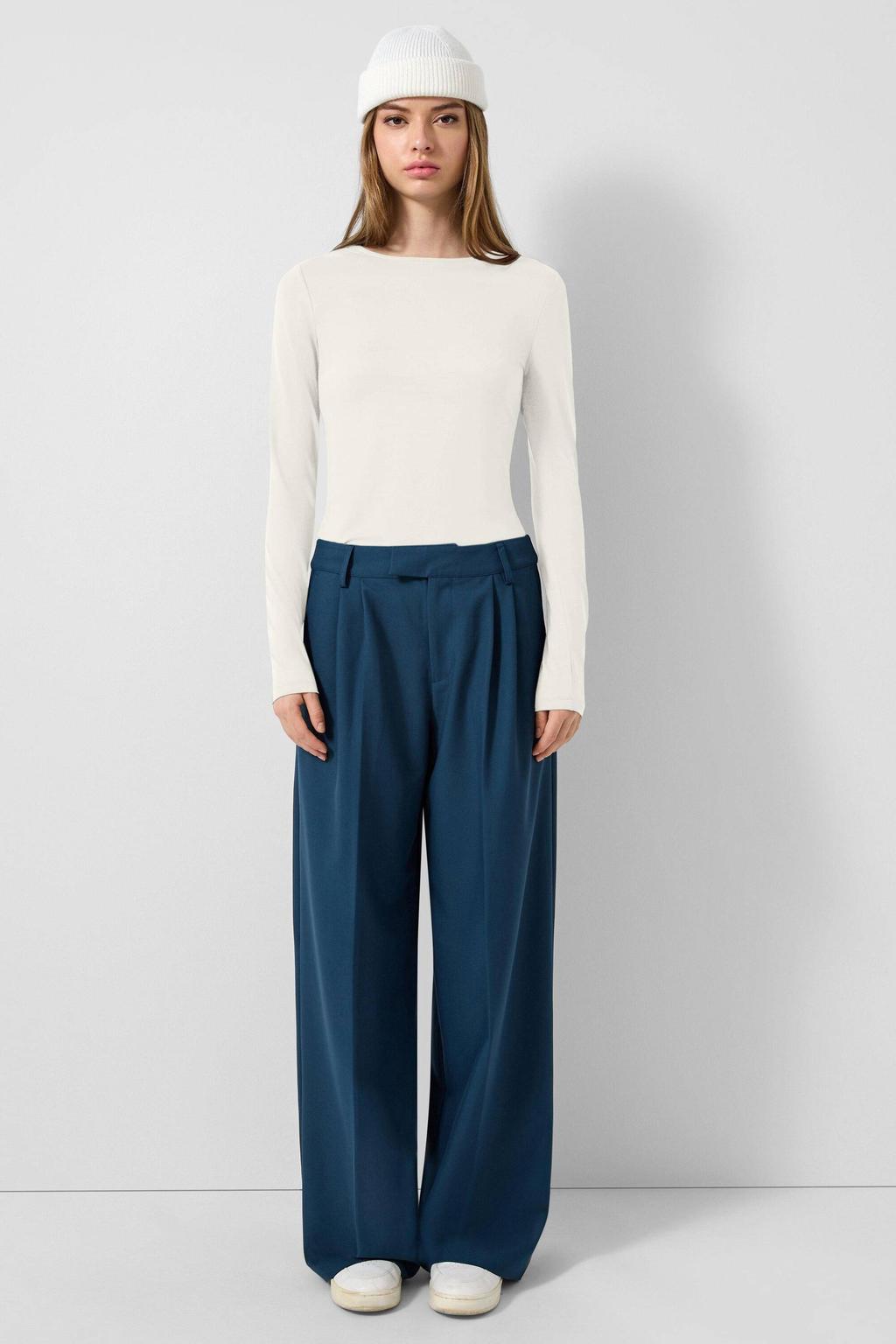 Witte dames QS top van polyamide met effen, lange mouwen en boothals