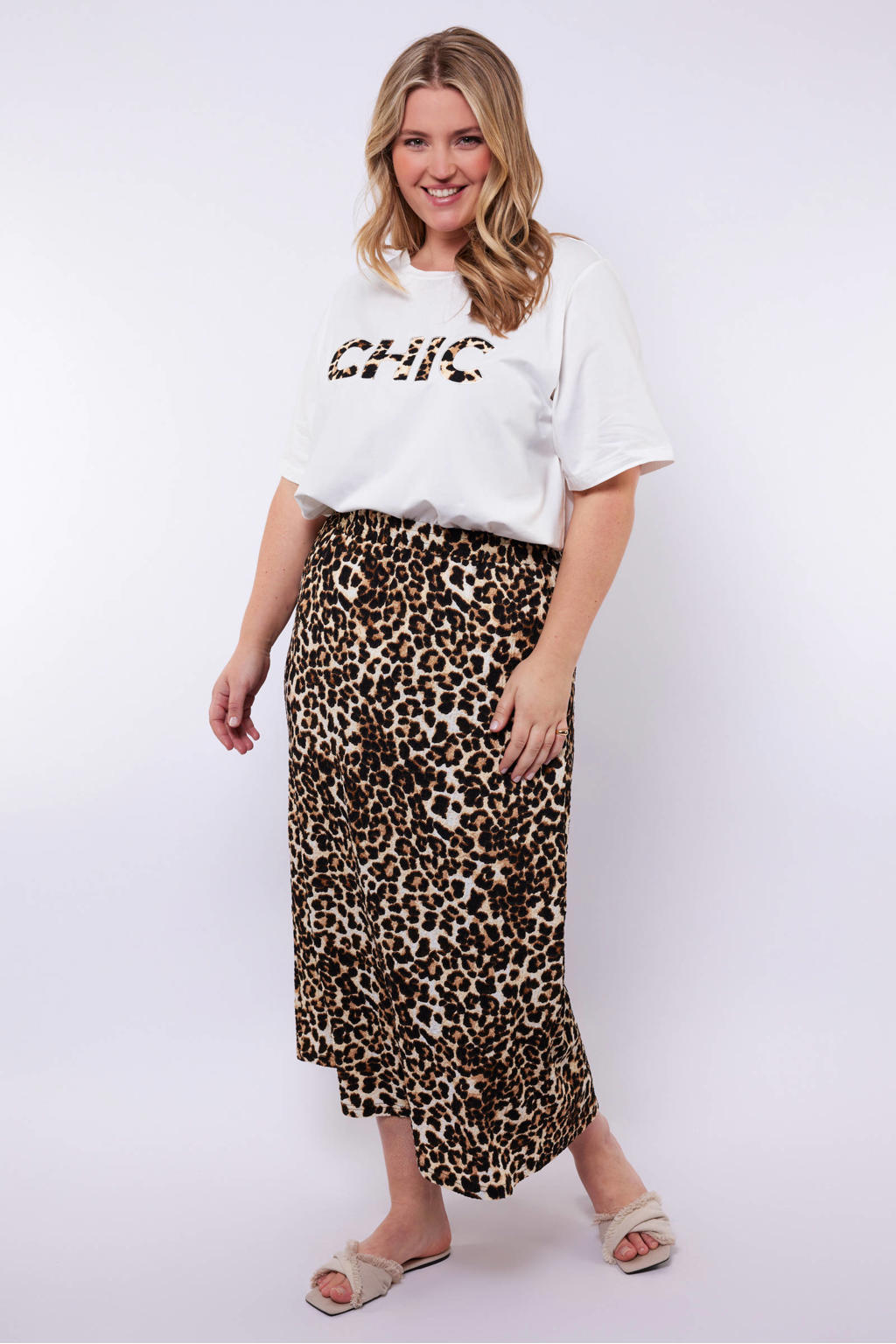 Bruin en zwarte dames Exxcellent midi rok met panterprint voorzien van