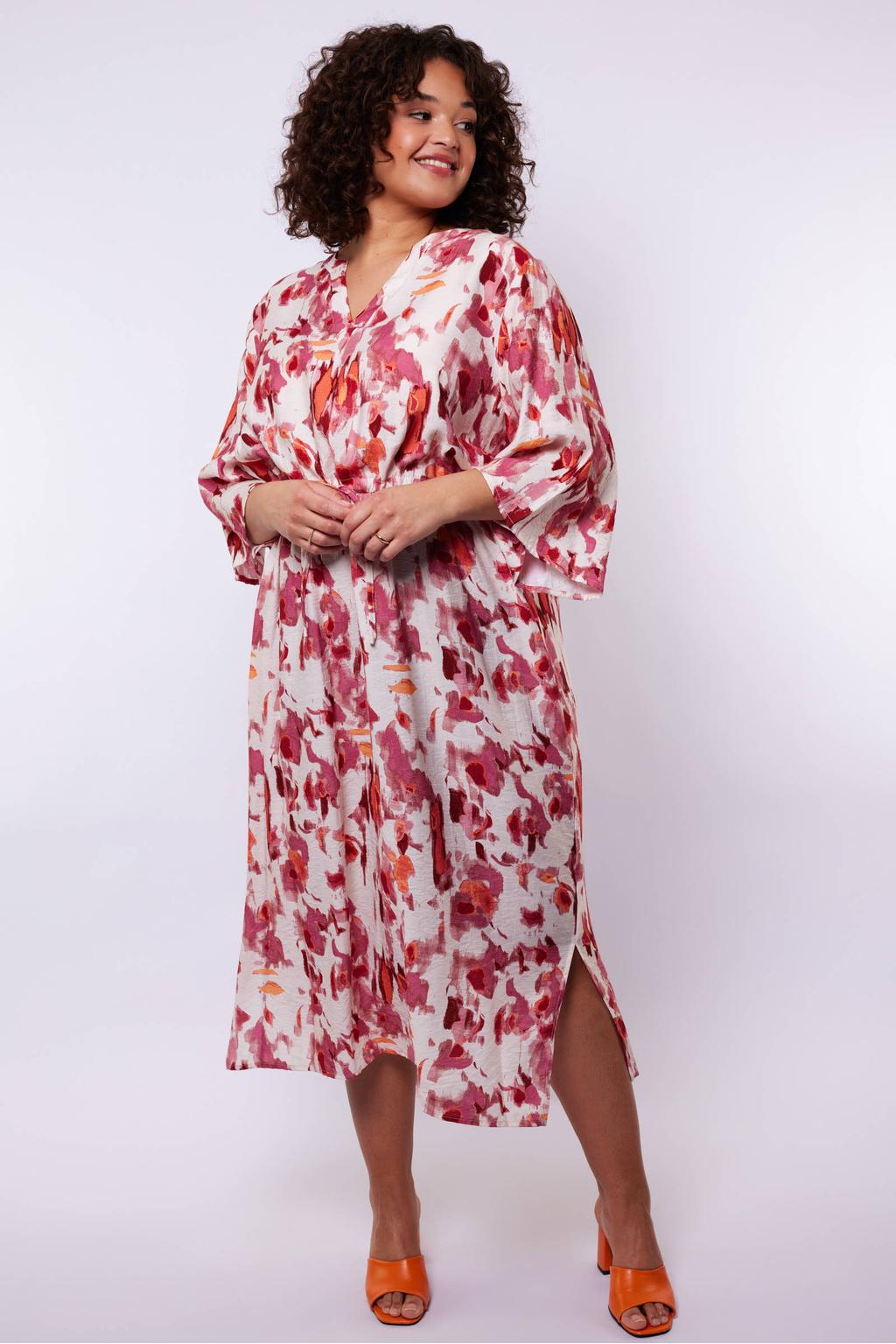 Wit, blauw en roze dames Exxcellent zomerjurk van viscose met half lange mouwen, V-hals en tunnelkoord