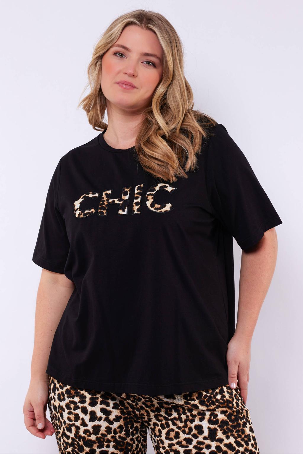 Zwart en bruine dames Exxcellent T-shirt van katoen met panterprint, korte mouwen en ronde hals