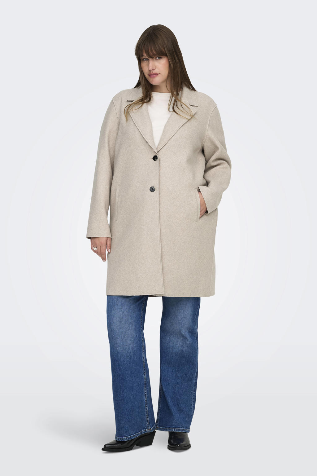 Beige dames ONLY CARMAKOMA manteljas van polyester met melée print, lange mouwen, reverskraag en knoopsluiting