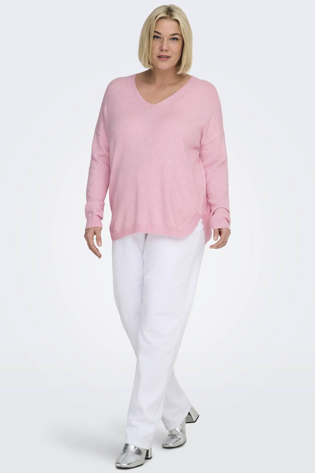Roze dames ONLY CARMAKOMA pullover gebreid van viscose met melée print, lange mouwen en V-hals