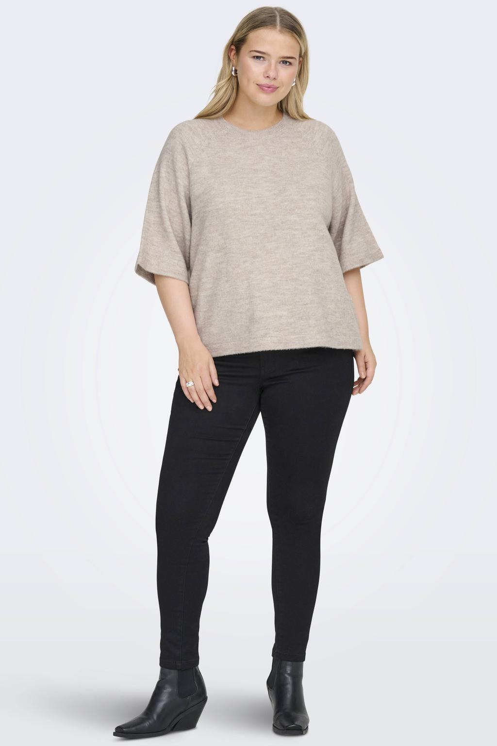 Grijsbruine dames ONLY CARMAKOMA pullover bruin gebreid van acryl met effen, lange mouwen en ronde hals