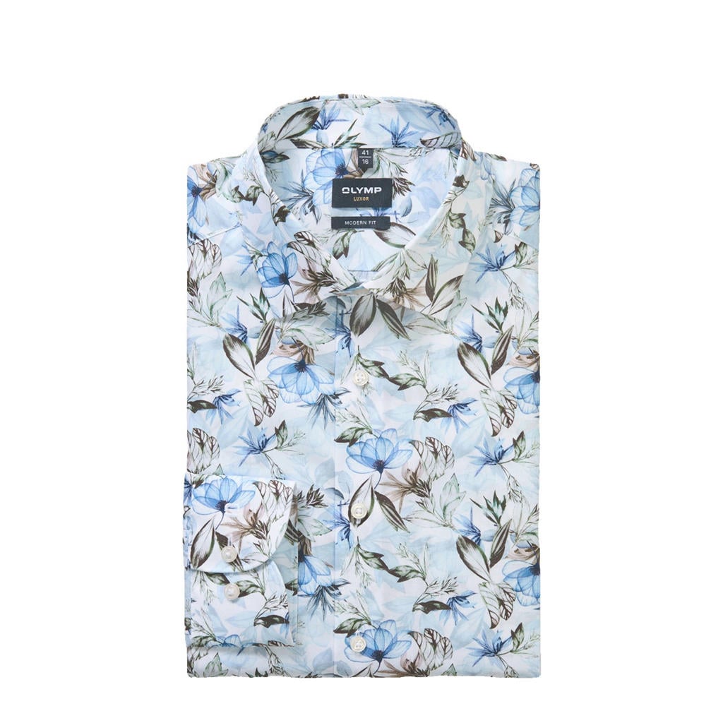 Lichtblauwe heren Olymp comfort casual overhemd van katoen met lange mouwen, klassieke kraag en knoopsluiting