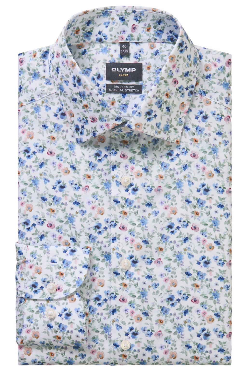 Witte heren Olymp comfort gebloemde casual overhemd van katoen met lange mouwen, klassieke kraag en knoopsluiting