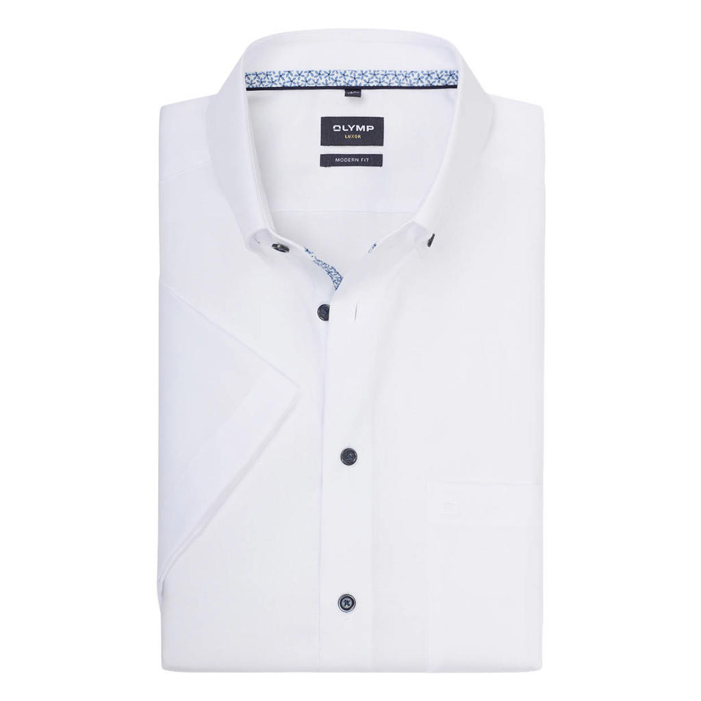 Witte heren Olymp regular casual overhemd van katoen met effen, korte mouwen, klassieke kraag en knoopsluiting