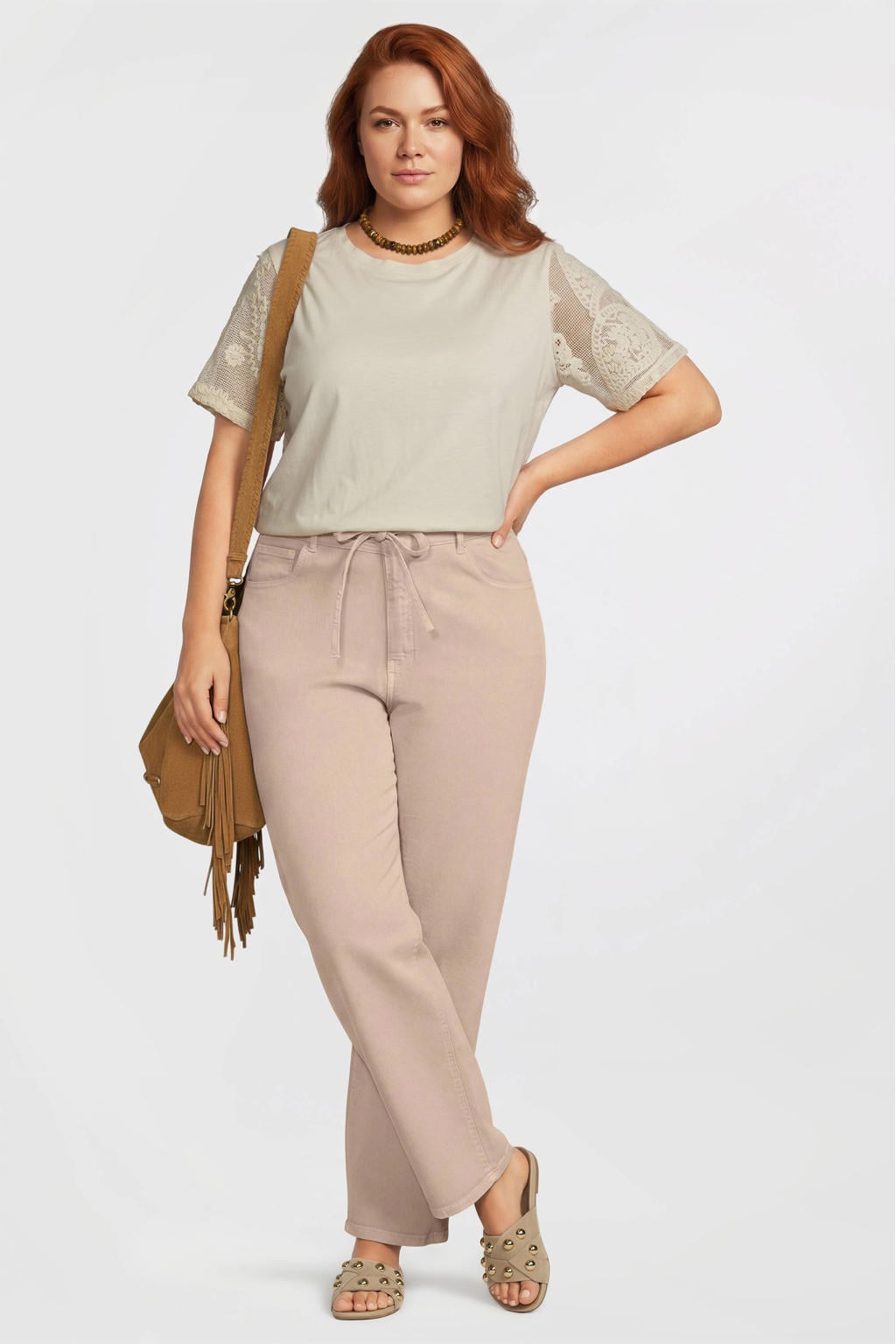 Beige dames ONLY CARMAKOMA Carhilla Gianna Mw Straight Pant bootcut jeans van katoen met regular waist, rits- en knoopsluiting en effen