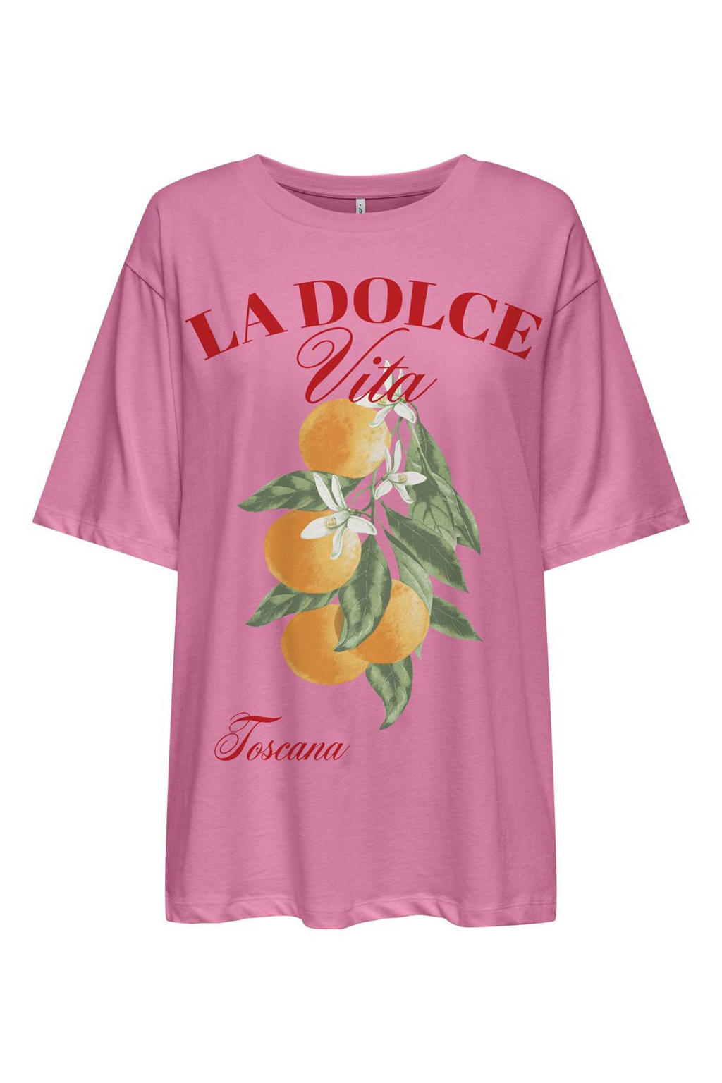 Roze dames ONLY CARMAKOMA T-shirt van katoen met printopdruk, korte mouwen en ronde hals