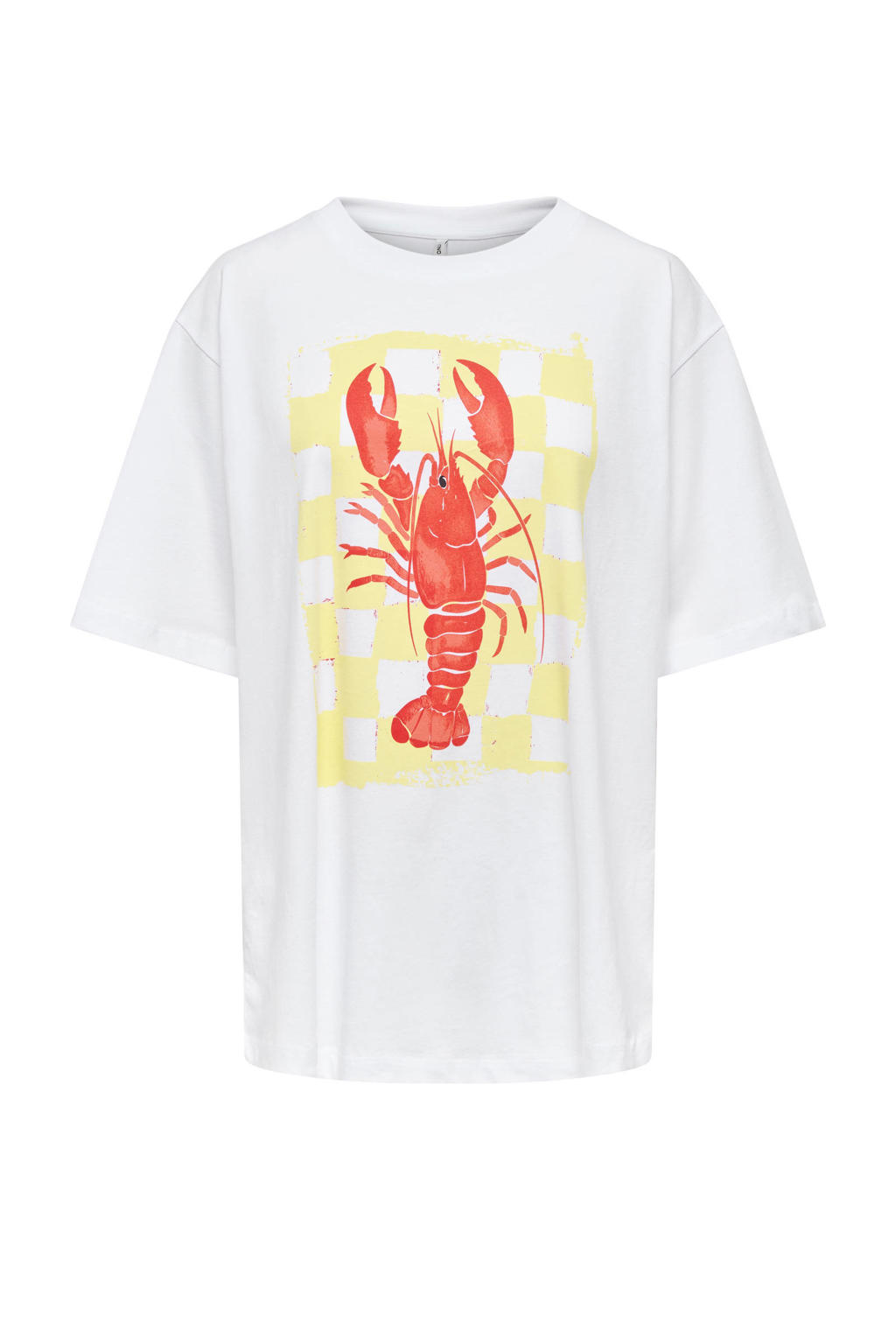 Witte dames ONLY CARMAKOMA T-shirt van katoen met printopdruk, korte mouwen en ronde hals